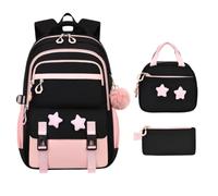 Girls Backpack with Lunch Box 3 Piece Set Star Motif School Bag Pencil Case | 18.5" student bookbag set includes matching insulated lunch box & pencil case. Cute star motif with spacious compartments.