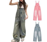 Girls Baggy Jean Bib Dungarees Star Patchwork Wide Leg Denim Overalls Fashion Kids Sleeveless Y2K Ripped Denim Jumpsuit Cute Teen Button Adjustable Casual Comfort Romper