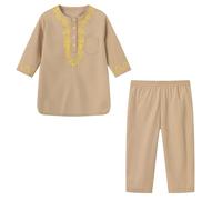 Girls Boys Traditional African 2 Piece Outfit Set Toddler Kids Long Sleeve Embroidery Dashiki Shirt and Pants Clothes Children's Casual Play Clothing Sets (Khaki, 9-10 Years) c20s
