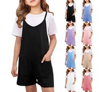 Girls Casual Jumpsuit Shorts Kids Sleeveless Spaghetti Strap Dungarees Baggy Short Teen Girls Loose Cotton Overalls with Pockets Fashion Summer Solid Color Beach Jumpsuits
