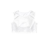 Girls Crop Top Sequin Round Vest Stage Performance Shirt (White, 150/160)
