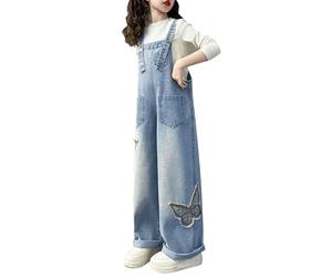 Girls Denim Overalls Kids Butterfly Patchwork Straight Leg Baggy Denim Dungarees Children's Adjustable Strap Loose Fit Jumpsuits Youth Casual Y2K Jean Bib Overall