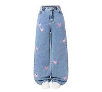 Girls Heart Flared Jeans Kids Elastic High Waist Wide Leg Denim Trousers Teens Ripped Patchwork Casaul School Aesthetic Joggers Vintage Trendy Bell Bottoms Cargo Pants