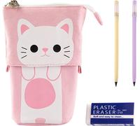 Girls Pencil Case Retractable Zipper Pencil Case With 2 Eternal Pencils And 1 Eraser Cartoon Cat Pink Pink Cute, Pink, Cute