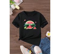 Girls' Red Cherry Print Short Sleeve T-Shirt - Soft, Elastic, Comfortable Round Neck Top for Outdoor Sports, Suitable for Ages 7-14, Summer, Casual, Leisure Style, Conventional Version, Xia Material:C