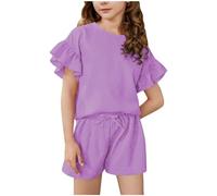Girls Summer Outfits 2PC Set Ruffle Sleeve T-Shirt & Elastic Waist Shorts, Toddler Kids Clothes Stylish Casual Girls Clothing Set (Purple, 6-7 Years) o54o