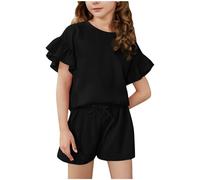 Girls Summer Outfits 2PC Set Ruffle Sleeve T-Shirt & Elastic Waist Shorts, Toddler Kids Clothes Stylish Casual Girls Clothing Set (Black, 14-15 Years) o28o