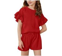 Girls Summer Outfits 2PC Set Ruffle Sleeve T-Shirt & Elastic Waist Shorts, Toddler Kids Clothes Stylish Casual Girls Clothing Set (Red, 10-11 Years) o62o