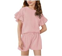 Girls Summer Outfits 2PC Set Ruffle Sleeve T-Shirt & Elastic Waist Shorts, Toddler Kids Clothes Stylish Casual Girls Clothing Set (Pink, 6-7 Years) o48o