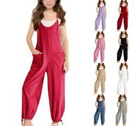 Girls Wide Leg Jumpsuit Kids Sleeveless Spaghetti Strap Casual Dungarees Teen Loose Fit Adjustable Overalls Baggy Rompers with Pockets Youth Holiday Beach Jumpsuits