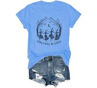 Girls Will Be Girls Witch Shirt Witch Shirt Halloween T-shirt Femme Vintage Graphique Tops, Bleu (Carolina blue), 3XL