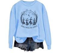 Girls Will Be Girls Witch Sweatshirt sorcière Halloween chemise femme vintage graphique tops, bleu ciel, M