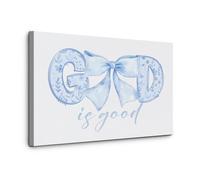 Girly Faith Decor - Coquette Style 'God Is Good' Canvas Poster, Blue Bow Bible Verse Art for Christian Girls Room & Dorm Wall (Framed,08x12inch(20x30cm))