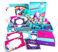 GirlZone Cadeau Fille Coffret Papier à Lettre Licorne pour Filles - Set de Correspondance avec Feuilles, Cartes, Enveloppes, Stylos, Gomme, Autocollants Loisir Créatif pour Enfants