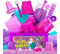 GirlZone Cadeau Fille Kit de Sable Royaume de Licorne, 0,9 Kg de Sable de Jeu Moulable, 4 Couleurs et 7 Outils Jouet Sensoriel Excellente Idée d'Anniversaire pour Enfants