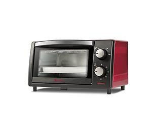 Girmi FE10 Four électrique, 800 W, 10 litres, acier inoxydable, thermostat réglable, minuterie 60 min, accessoires inclus, noir/rouge