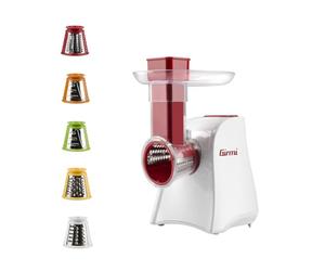 Girmi GT45 Raclette et râpe électrique, 150 W, avec accessoire porte-rouleau, 5 rouleaux en acier inoxydable, entièrement démontable, coloris blanc/rouge