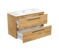 Girona Évier avec meuble sous vasque 80 cm de large, meuble sous vasque suspendu, avec tiroirs, meuble vasque en bois (chêne Lancelot), lavabo en céramique