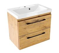 Girona Meuble sous vasque avec meuble inférieur, 60 cm de large, à suspendre, avec tiroirs, en bois (chêne Lancelot), lavabo en fonte minérale