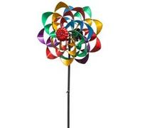 Colours in Motion Girouette Métal Fleur Double Arc-en-Ciel - Moulin à Vent Cinétique de Jardin - Double Rotor Multicolore sur Pic - Ø 36 cm x H 122 cm