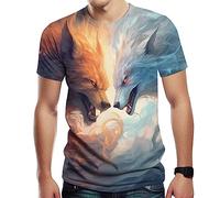 Girren T-shirt pour homme avec motif loup de feu imprimé 3D fantaisie T-shirt tendance, noir 1, Taille L