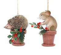 Gisela Graham Lot de 2 décorations en résine Hérisson et souris sur pot de fleurs Assortis