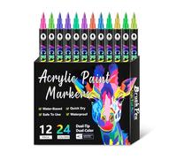 Gissroys Lot de 12 stylos de peinture acrylique avec pointe pinceau - Double marquage pour peindre sur papier, verre, céramique, toile, double couleur