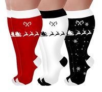 Gissroys Lot de 3 paires de chaussettes de compression mollets larges avec motif de Noël pour homme et femme Longueur genou Grande taille Pour la prévention des troubles circulatoires, Chaussettes de