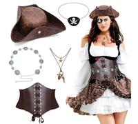 Gissroys Lot de 5 costumes de pirate d'Halloween pour femmes et filles - Corset médiéval - Ceinture - Taches pour les yeux - Collier Capitaine Pirate