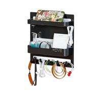 Gitekain Bedside Floating Shelf, Wall Stick on Rack, Aesthetic Wall Mount Shelf with Hooks and Cable Clips, Compact Design for Bedsides Accessories, Size: 9.45x9.06x2.13 inches