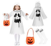 Giugio 120 cm Deguisement Fantome Enfant, blanc costume de carnaval pour enfants avec citrouille, Halloween fantôme cape enfants costume, carnaval cosplay costume effrayant pour garçons et filles
