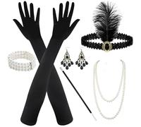 Giugio Accessoire Année 20 Femme, 6 Pièces Accessoires Gatsby Costume Set, Accessoires Charleston Année 20, avec Bandeau, Gants, Collier, Boucles d'oreilles, pour Halloween Noël Mascarade