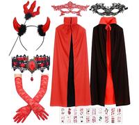 Giugio Déguisement de Diable et Vampire Femme - Cape à Capuche Noir et Rouge Double Face avec Bâton et Fourchette de Diable - Costume Carnaval Halloween Adulte