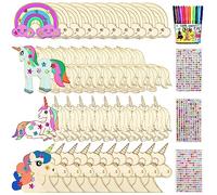Giugio Lot de 40 licornes - Kit de bricolage - Pour enfants - Décoration en bois - Avec 12 crayons aquarelle et 3 autocollants en pierres précieuses (A)