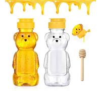 GIUSOBG 250 ML Distributeur Miel Avec un Bâton de Bois 8cm, Distributeur Sirop Transparent Pots Miel Couvercle à Charnière pour Sirop Sucre Sauce Autres liquides Pot Confiture Ours (250ml)
