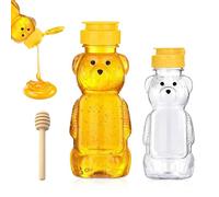 GIUSOBG 250ml+350 ML Distributeur Miel Avec un Bâton de Bois 8cm, Distributeur Sirop Transparent Pots Miel Couvercle à Charnière pour Sirop Sucre Sauce Autres liquides Pot Confiture Ours (250+350ml)