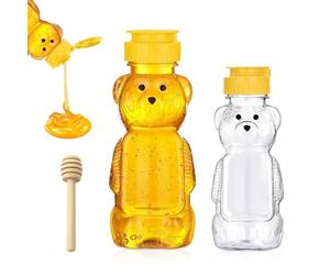 GIUSOBG 250ml+350 ML Distributeur Miel, Avec un Bâton de Miel en Bois 8cm, Distributeur Sirop, Transparent Pots Miel Couvercle à Charnière pour Sirop Sucre Sauce Autres liquides (250+350ml)