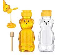 GIUSOBG 350 ML Distributeur Miel Avec un Bâton de Bois 8cm, Distributeur Sirop Transparent Pots Miel Couvercle à Charnière pour Sirop Sucre Sauce Autres liquides Pot Confiture Ours (350ml)