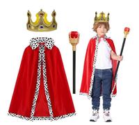 GIUSOBG Cape Roi Enfants Rouge Costume Royale 3 Costumes de Roi pour Adulte Cape de Roi Garçon Manteau Royal, Couronne Roi Reine, Sceptre pour Cosplay Prince Roi Reine Carnaval Halloween Fête