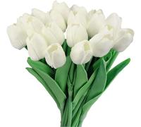 GIUSOBG Tulipes Artificielles 15 pcs Real Touch Latex 34cm Fleurs avec des Feuilles Fleur Tulipe pour décoration Bouquet Fleurs Artificielles Fleurs Tulipes pour Mariage Maison Jardin (Blanc)