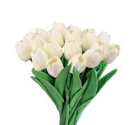 GIUSOBG Tulipes Artificielles 15 pcs Real Touch Latex 34cm Fleurs avec des Feuilles Fleur Tulipe pour décoration Bouquet Fleurs Artificielles Fleurs Tulipes pour Mariage Maison Jardin (Beige)