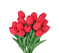 GIUSOBG Tulipes Artificielles 15 pcs Real Touch Latex 34cm Fleurs avec des Feuilles Fleur Tulipe pour décoration Bouquet Fleurs Artificielles Fleurs Tulipes pour Mariage Maison Jardin (Rouge)