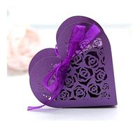 GIVBRO Lot de boîtes à bonbons pour souvenirs de mariage en forme de cœur avec roses creuses et rubans, violet, 50 pièces