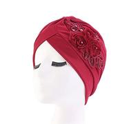 GIVBRO Paillettes Bonnets Turbans 3D Fleur Chapeaux Velours Wrap Cheveux Bonnet Plissée Bandeau Chimio Chapeaux Bonnet De Nuit pour Femmes Chapeau De Perte De Cheveux Vin Rouge