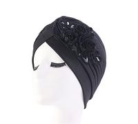 GIVBRO Paillettes Bonnets Turbans 3D Fleur Chapeaux Velours Wrap Cheveux Bonnet Plissée Bandeau Chimio Chapeaux Bonnet De Nuit pour Femmes Chapeau De Perte De Cheveux Noir