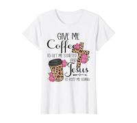 Give Me Coffee to Get Me Started and Jesus to Keep Me Going T-Shirt Graphique avec Valeur, Femme, Blanc, M