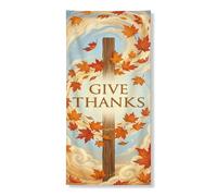 Give Thanks Housse de porte religieuse en forme de croix d'érable 91,4 x | Motif croix en bois, bannière de porte d'entrée, feuillage d'automne tourbillonnant, typographie sur le thème de la gratitude