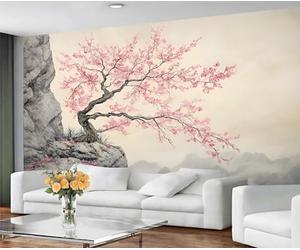 GIVLWF Papier peint à motif de fleurs de cerisier pour chambre à coucher, papier peint à fleurs roses pour salon, peintures murales murales, montagnes brumeuses, non autocollant, papier peint oriental