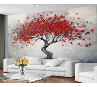 GIVLWF Papier peint - Arbre de Vie Décoration d'intérieur et peinture murale, papier peint autocollant pour salon, papier peint abstrait, feuilles rouges nordiques, papier peint pour chambre à coucher