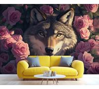 GIVLWF Papier peint autocollant motif loup mystérieux pour salon, papier peint rose romantique pour chambre à coucher, décoration murale animal loup - Grande décoration d'intérieur 100 x 100 cm